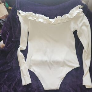 Glam Ivory Ruffled Off-Shoulder Bodysuit NWT!